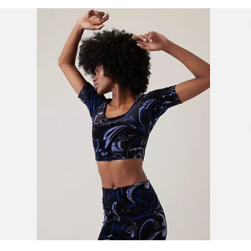 ATHLETA 70's Exhilarate VELVET Crop Top A-C PAISLEY Black & Blue Size MEDIUM $79